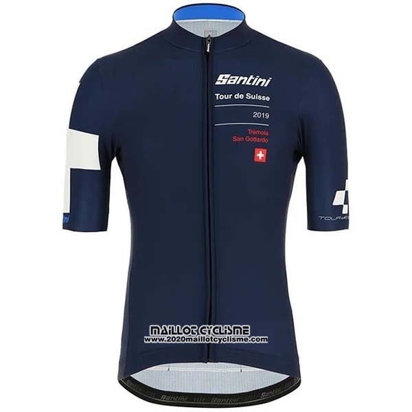 2019 Maillot Ciclismo Tour DE Suisse Fonce Bleu Blanc Manches Courtes et Cuissard